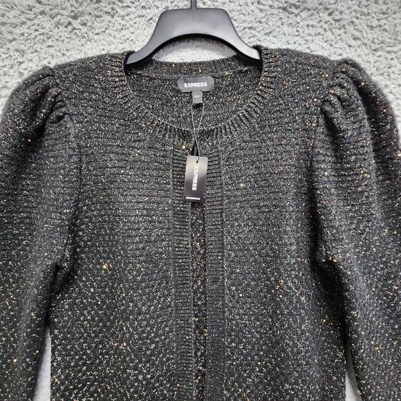 Express Cardigan Sweater Womens L Black Gold Detail Puff Shoulder Wool Blend NEW - Picture 3 of 14